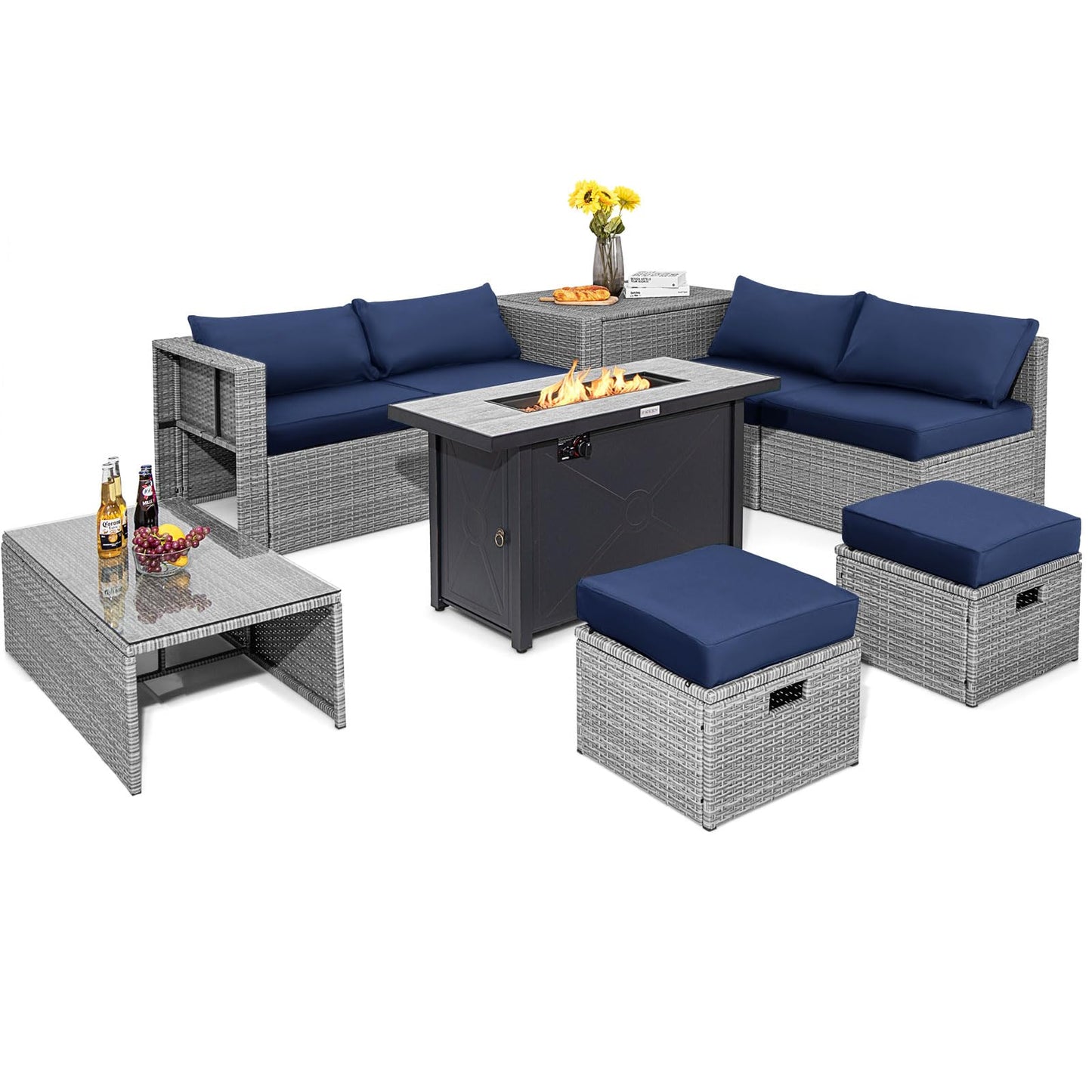Tangkula 9 PCS Patio Furniture Set with 42” 60,000 BTU Fire Pit, Outdoor Space-Saving Sectional Sofa Set with Storage Box