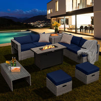 Tangkula 9 PCS Patio Furniture Set with 42” 60,000 BTU Fire Pit, Outdoor Space-Saving Sectional Sofa Set with Storage Box