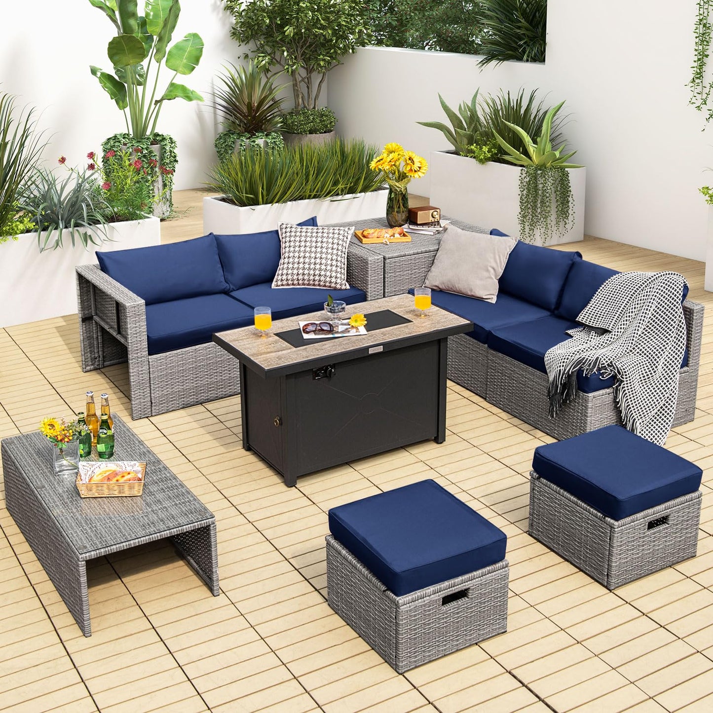 Tangkula 9 PCS Patio Furniture Set with 42” 60,000 BTU Fire Pit, Outdoor Space-Saving Sectional Sofa Set with Storage Box