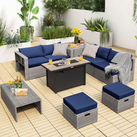Tangkula 9 PCS Patio Furniture Set with 42” 60,000 BTU Fire Pit, Outdoor Space-Saving Sectional Sofa Set with Storage Box
