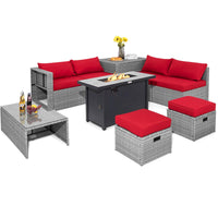 Tangkula 9 PCS Patio Furniture Set with 42” 60,000 BTU Fire Pit, Outdoor Space-Saving Sectional Sofa Set with Storage Box