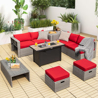 Tangkula 9 PCS Patio Furniture Set with 42” 60,000 BTU Fire Pit, Outdoor Space-Saving Sectional Sofa Set with Storage Box