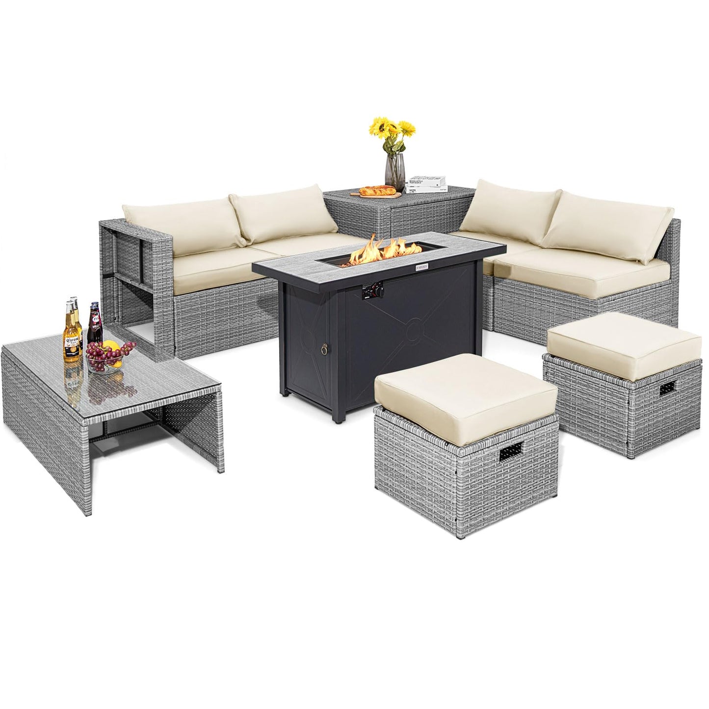 Tangkula 9 PCS Patio Furniture Set with 42” 60,000 BTU Fire Pit, Outdoor Space-Saving Sectional Sofa Set with Storage Box
