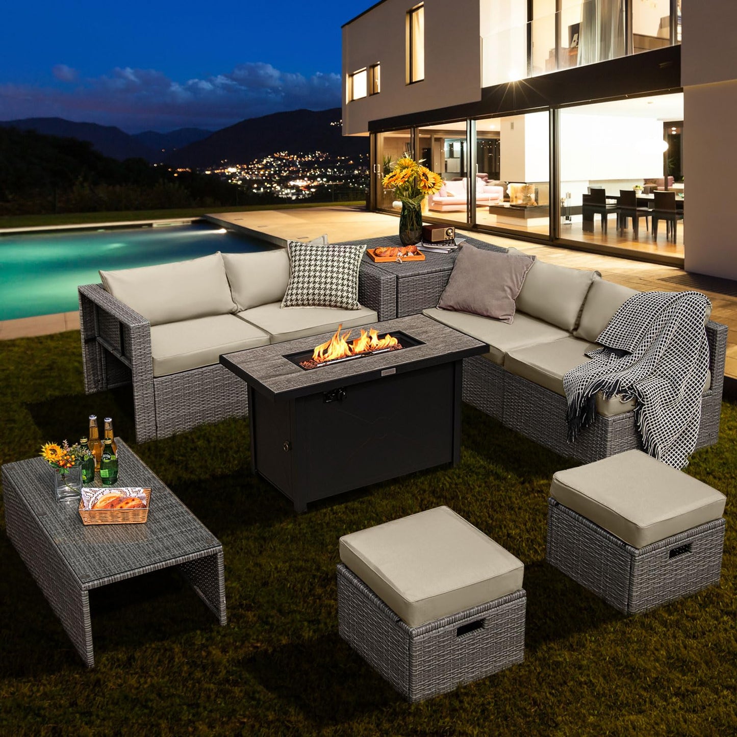 Tangkula 9 PCS Patio Furniture Set with 42” 60,000 BTU Fire Pit, Outdoor Space-Saving Sectional Sofa Set with Storage Box