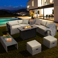 Tangkula 9 PCS Patio Furniture Set with 42” 60,000 BTU Fire Pit, Outdoor Space-Saving Sectional Sofa Set with Storage Box