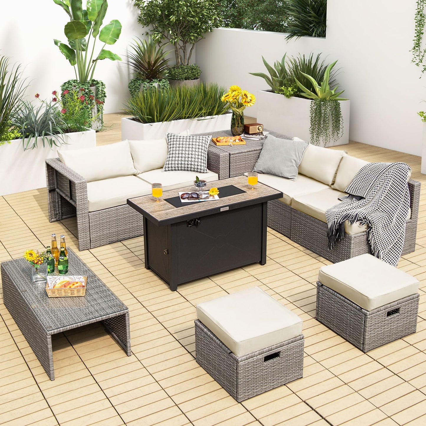 Tangkula 9 PCS Patio Furniture Set with 42” 60,000 BTU Fire Pit, Outdoor Space-Saving Sectional Sofa Set with Storage Box