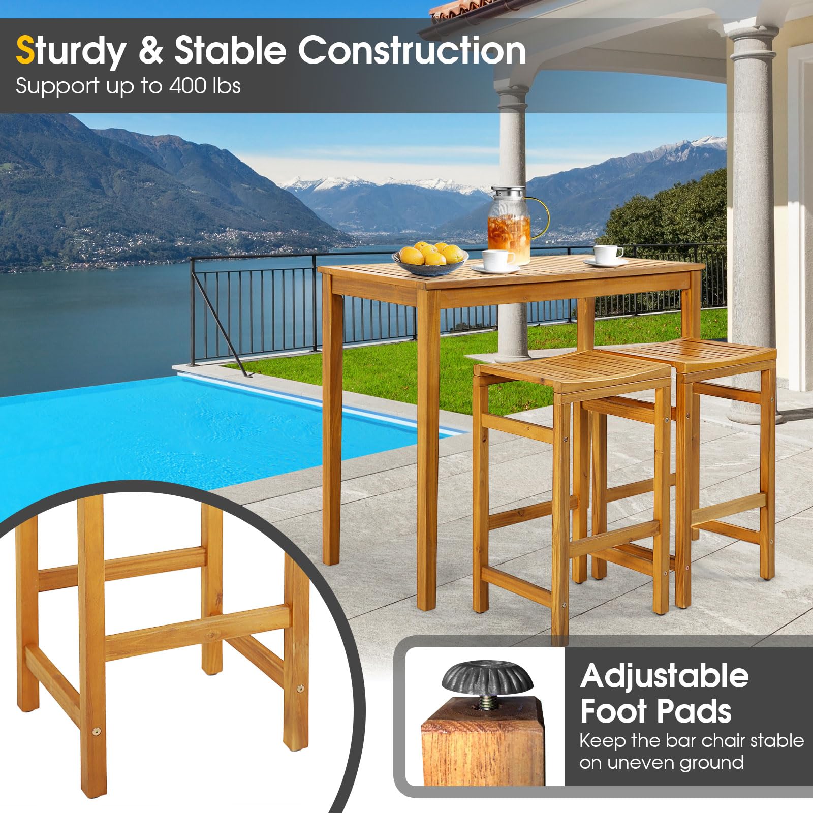 Acacia Wood Bar Stool Set of 2 - Tangkula