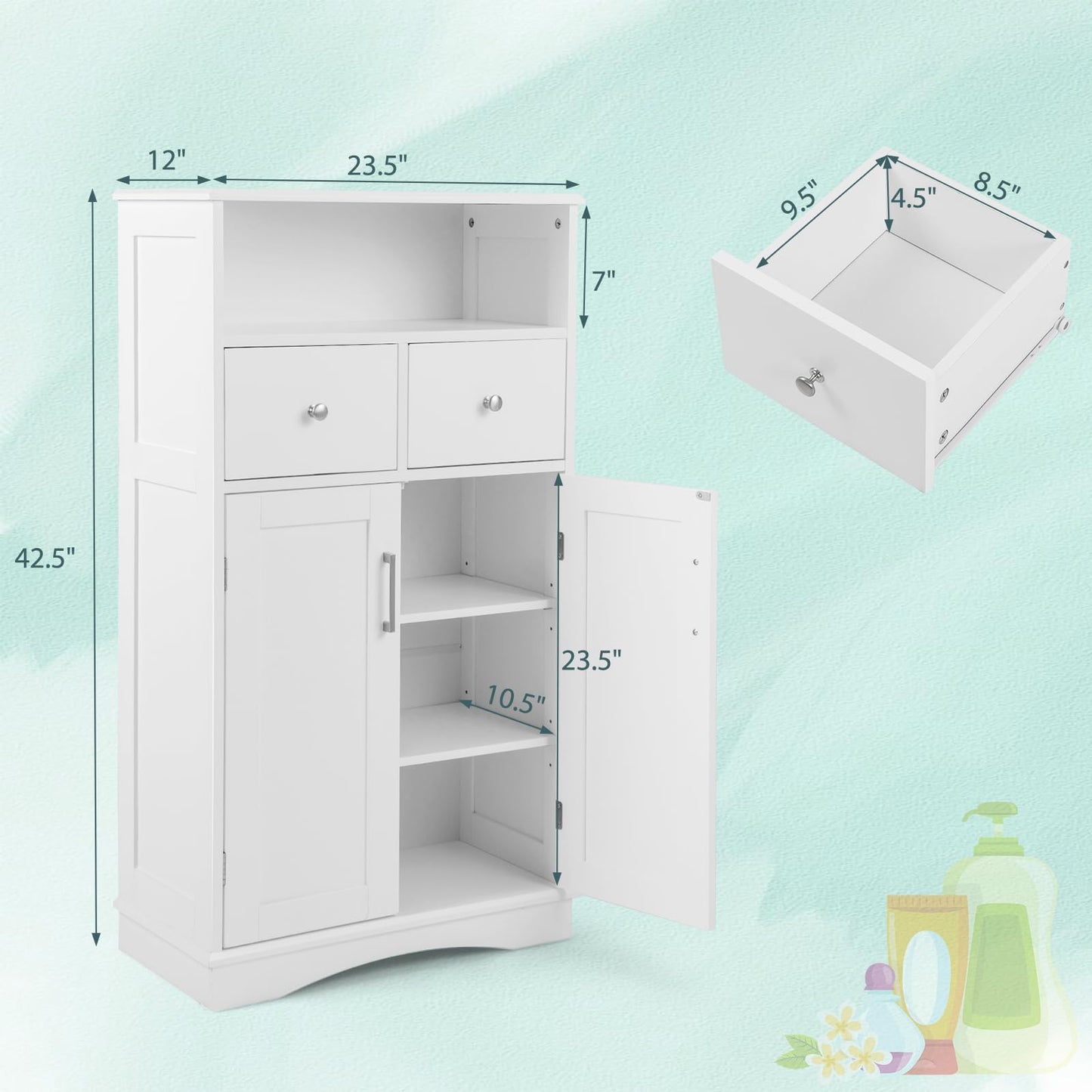 Tangkula Bathroom Cabinet, Freestanding Storage Organizer w/2 Drawers & 2 Doors