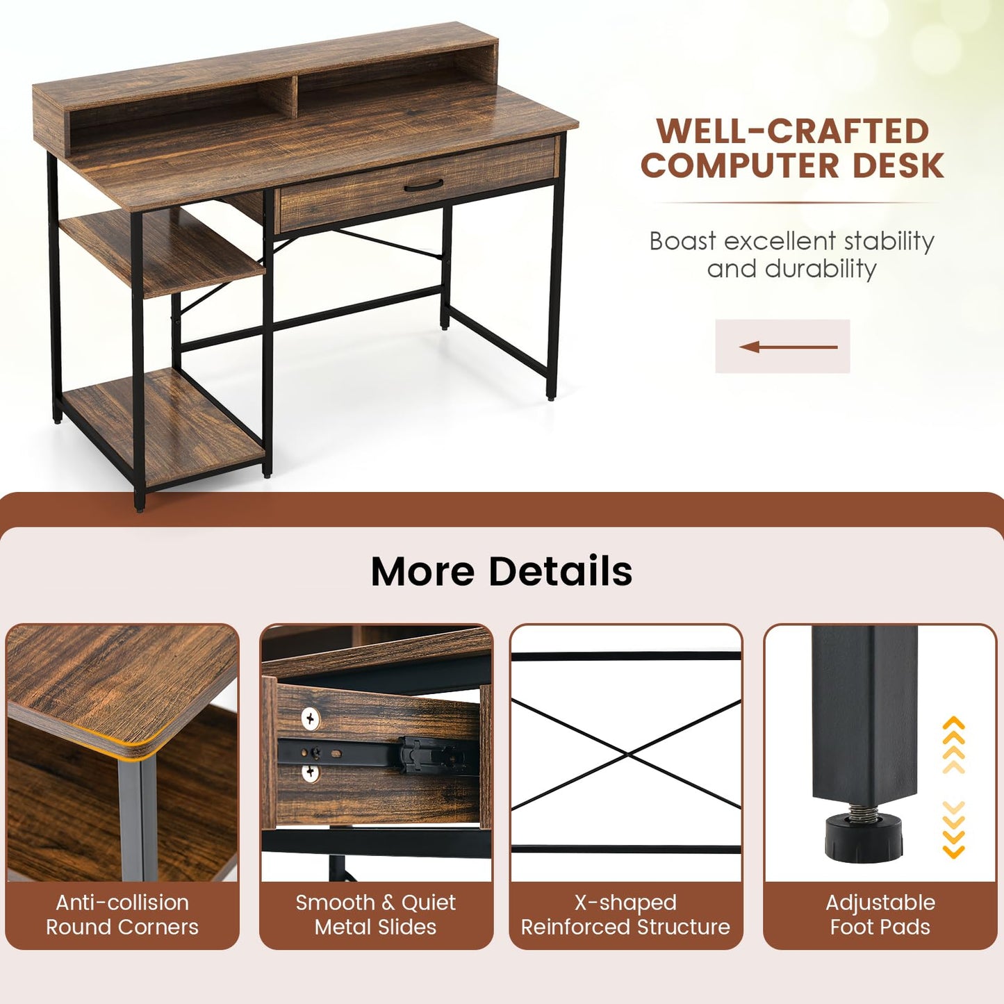 Bureau d'ordinateur Tangkula avec tiroir de rangement et support d'écran