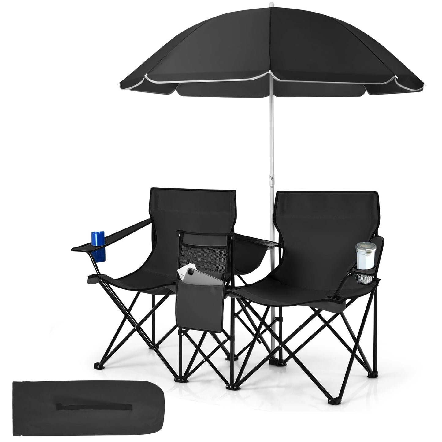 Tangkula Double Camping Chairs with Umbrella, Portable 2 Seat Folding Camp Chair with Cooler Bag