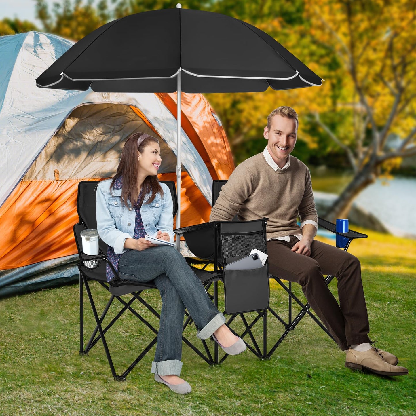 Tangkula Double Camping Chairs with Umbrella, Portable 2 Seat Folding Camp Chair with Cooler Bag