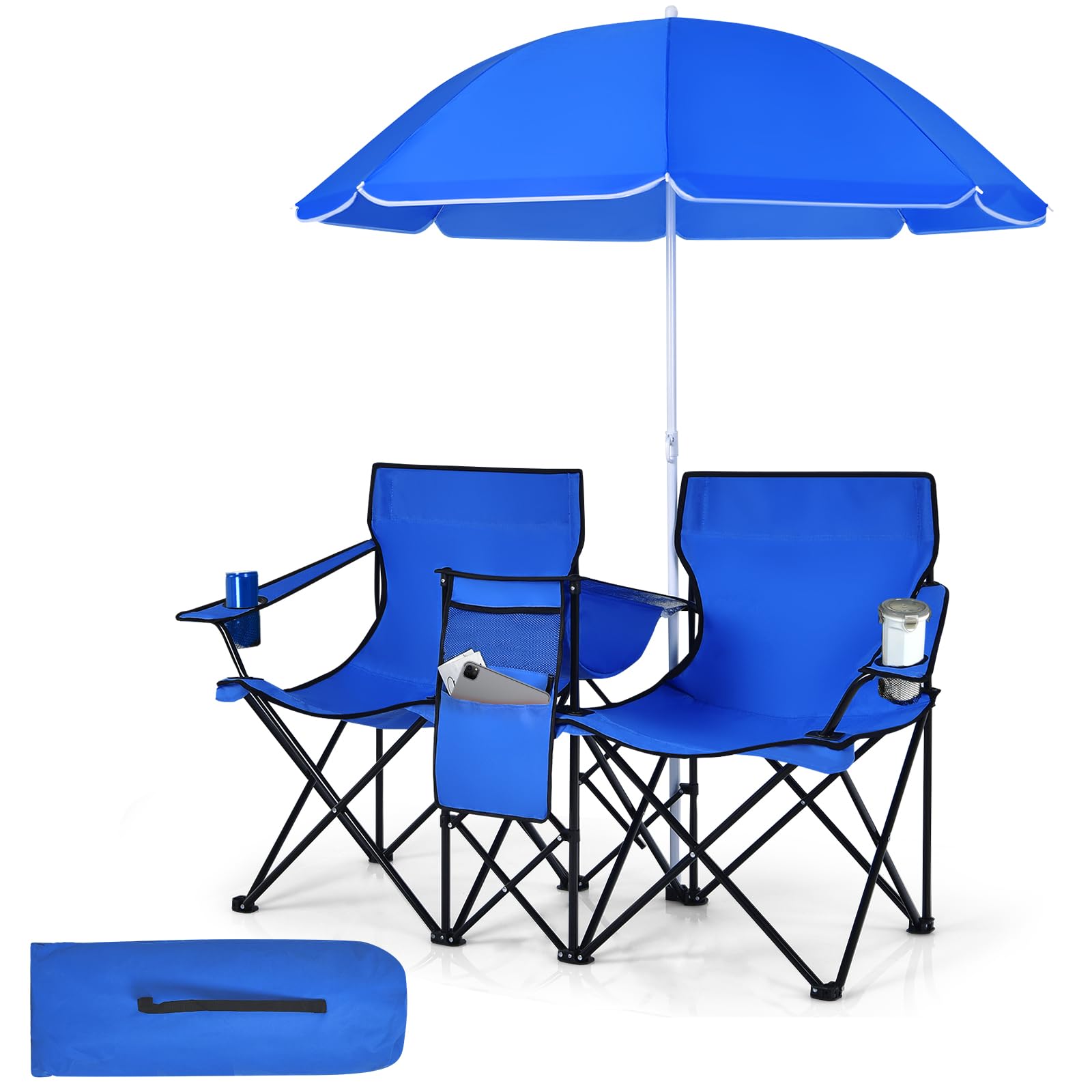 Tangkula Double Camping Chairs with Umbrella, Portable 2 Seat Folding Camp Chair with Cooler Bag