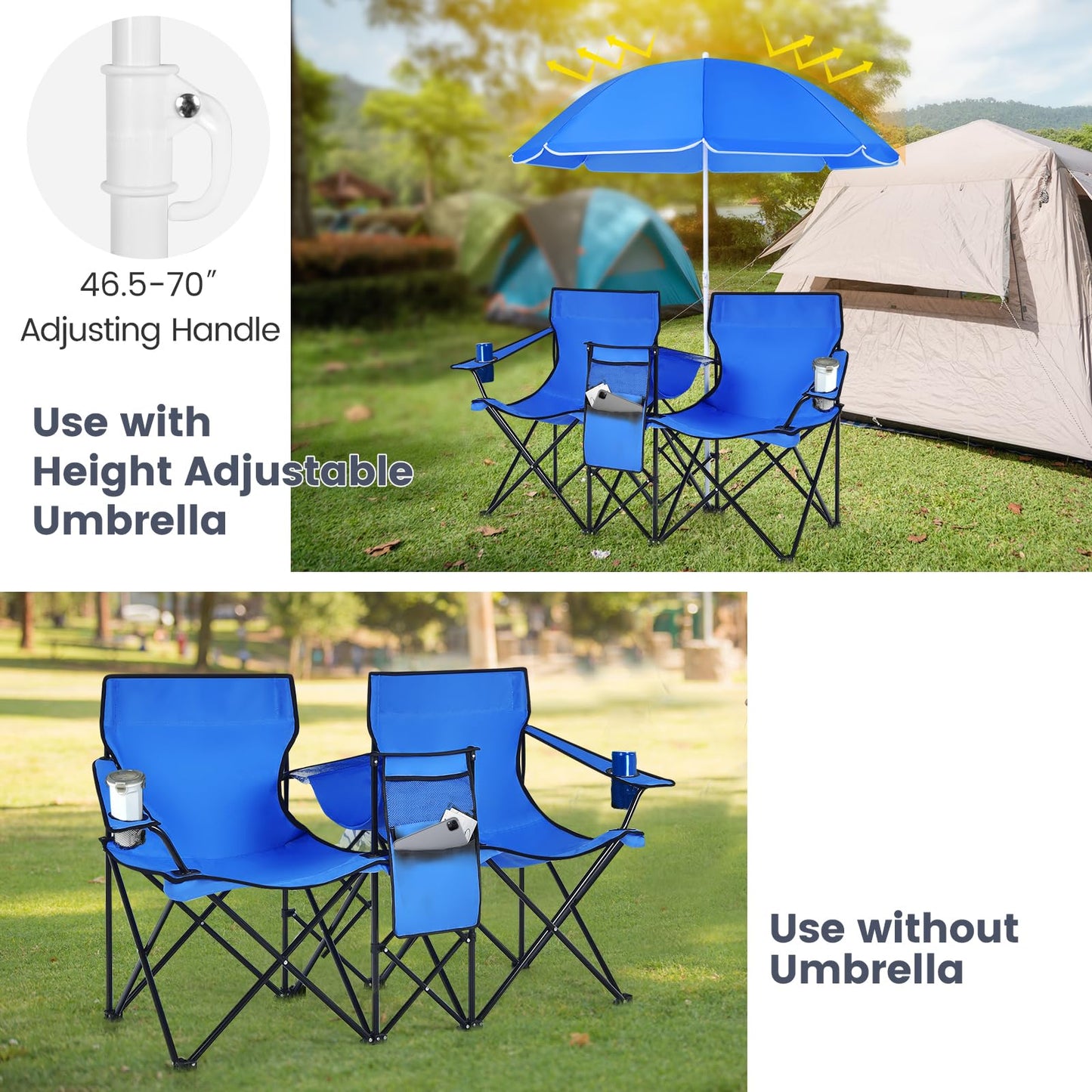 Tangkula Double Camping Chairs with Umbrella, Portable 2 Seat Folding Camp Chair with Cooler Bag