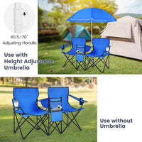 Tangkula Double Camping Chairs with Umbrella, Portable 2 Seat Folding Camp Chair with Cooler Bag