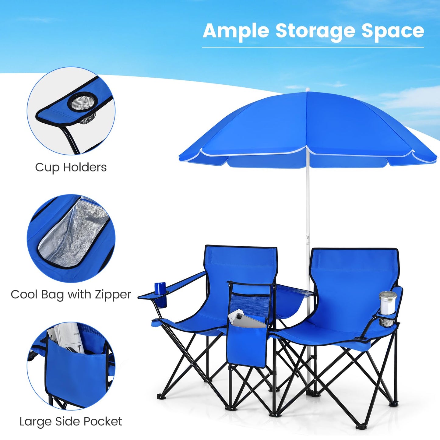 Tangkula Double Camping Chairs with Umbrella, Portable 2 Seat Folding Camp Chair with Cooler Bag