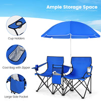 Tangkula Double Camping Chairs with Umbrella, Portable 2 Seat Folding Camp Chair with Cooler Bag