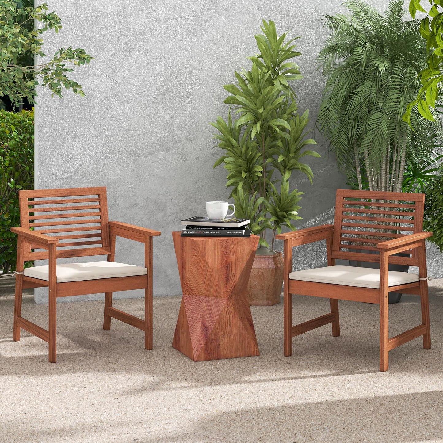 Tangkula Outdoor Dining Chairs Set, Weather-Resistant Heavy Duty Slatted Wood Patio Chairs with Soft Padded Cushions