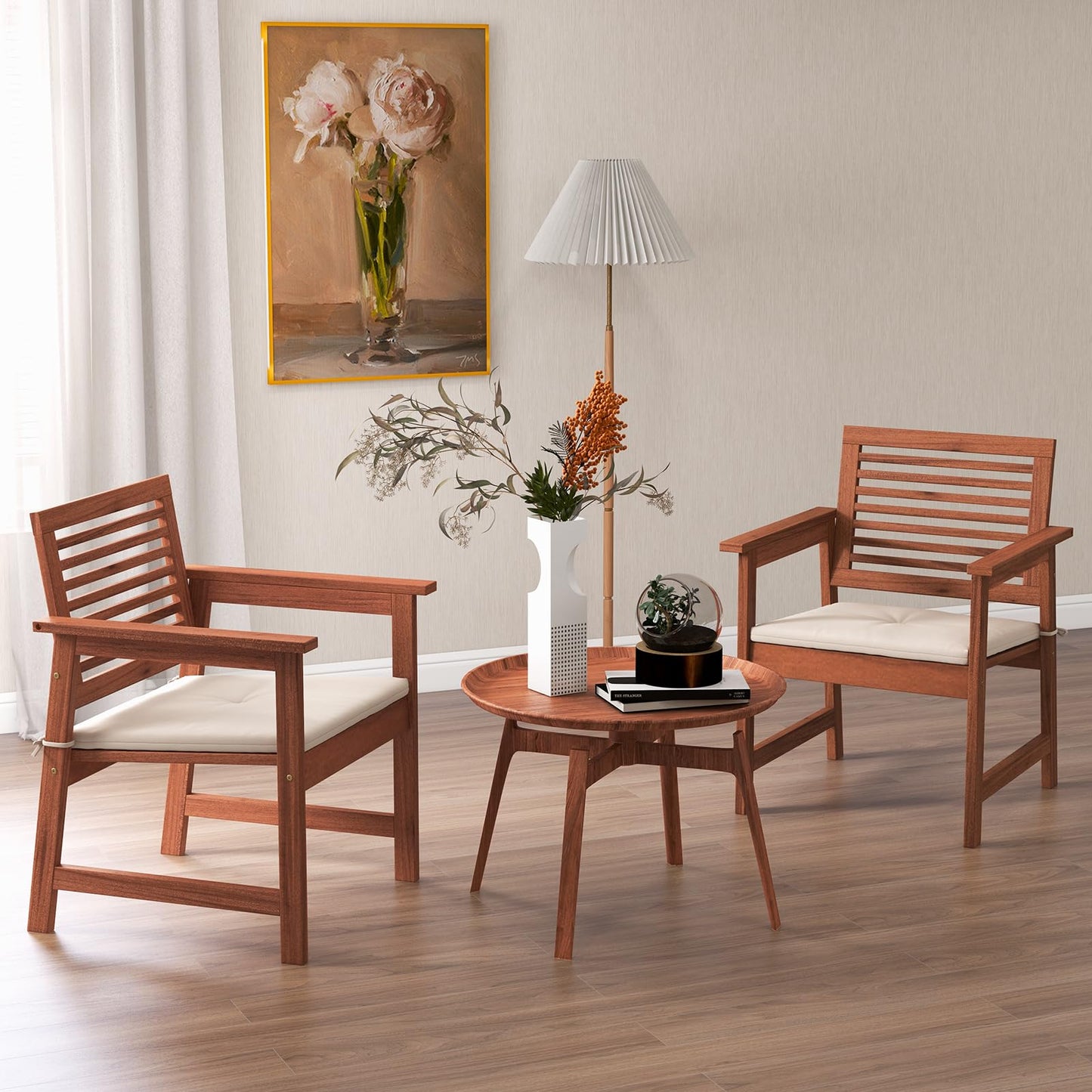 Tangkula Outdoor Dining Chairs Set, Weather-Resistant Heavy Duty Slatted Wood Patio Chairs with Soft Padded Cushions