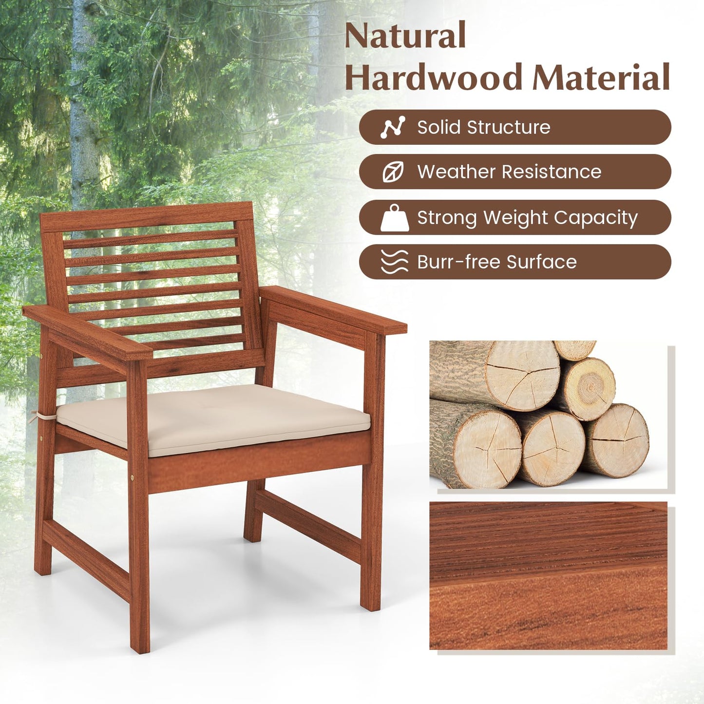 Tangkula Outdoor Dining Chairs Set, Weather-Resistant Heavy Duty Slatted Wood Patio Chairs with Soft Padded Cushions
