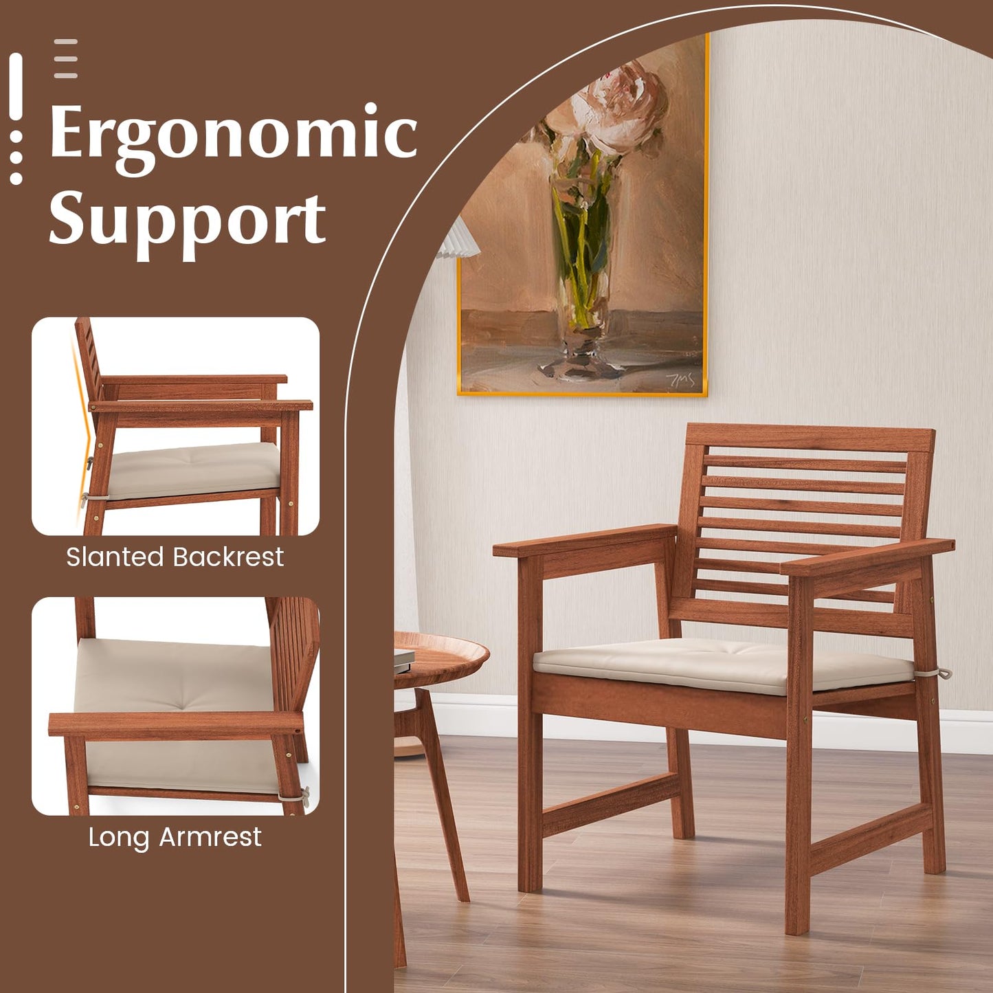 Tangkula Outdoor Dining Chairs Set, Weather-Resistant Heavy Duty Slatted Wood Patio Chairs with Soft Padded Cushions