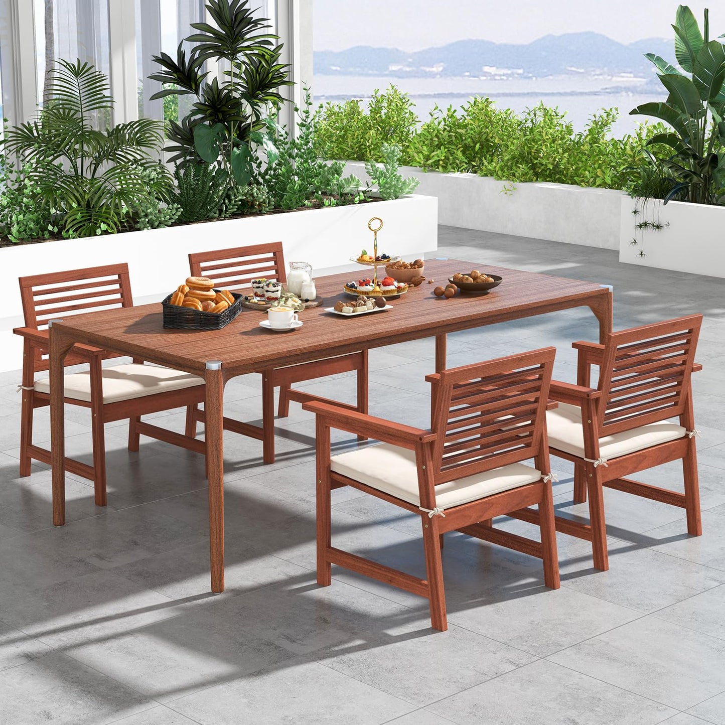 Tangkula Outdoor Dining Chairs Set, Weather-Resistant Heavy Duty Slatted Wood Patio Chairs with Soft Padded Cushions
