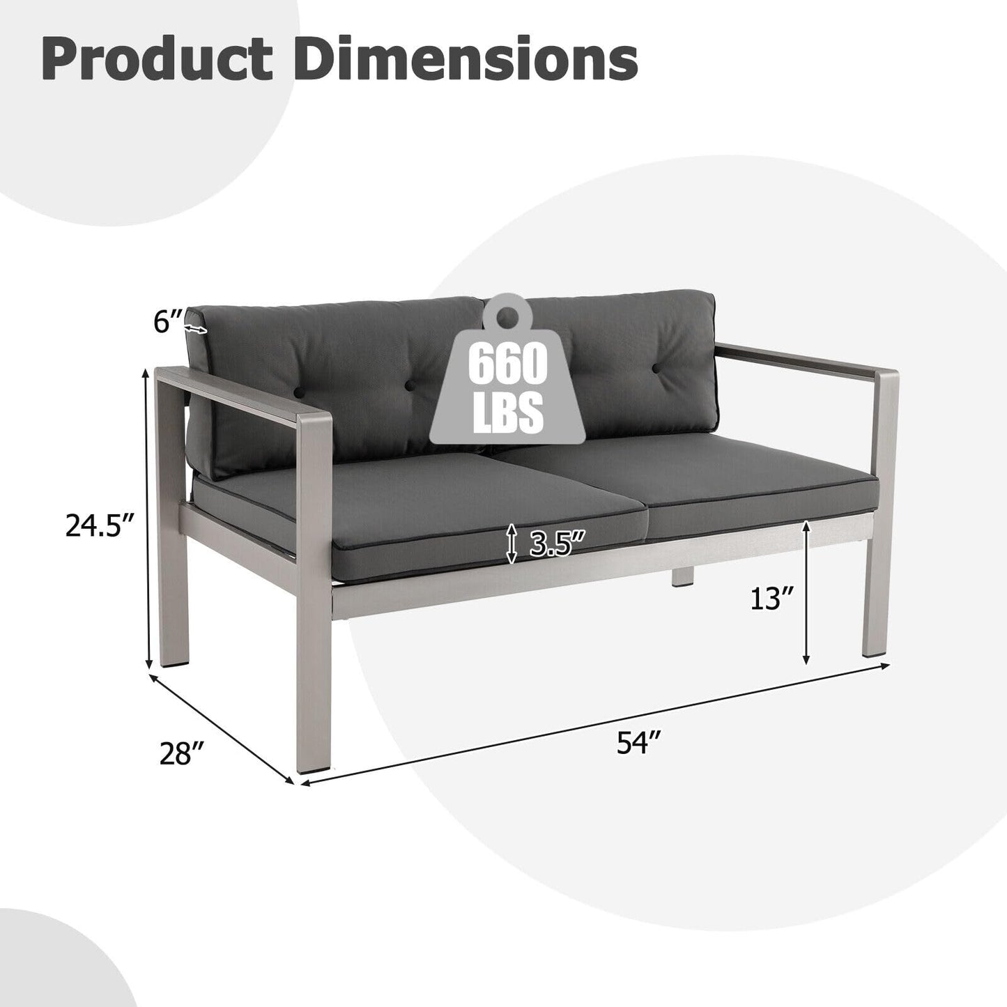 Tangkula Patio Aluminum Loveseat Sofa, Contemporary 2-Person Sofa Chair with WPC Armrests