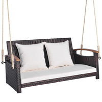 Tangkula Patio Rattan Porch Swing, 2-Person Hanging Chair with Seat & Back Cushions