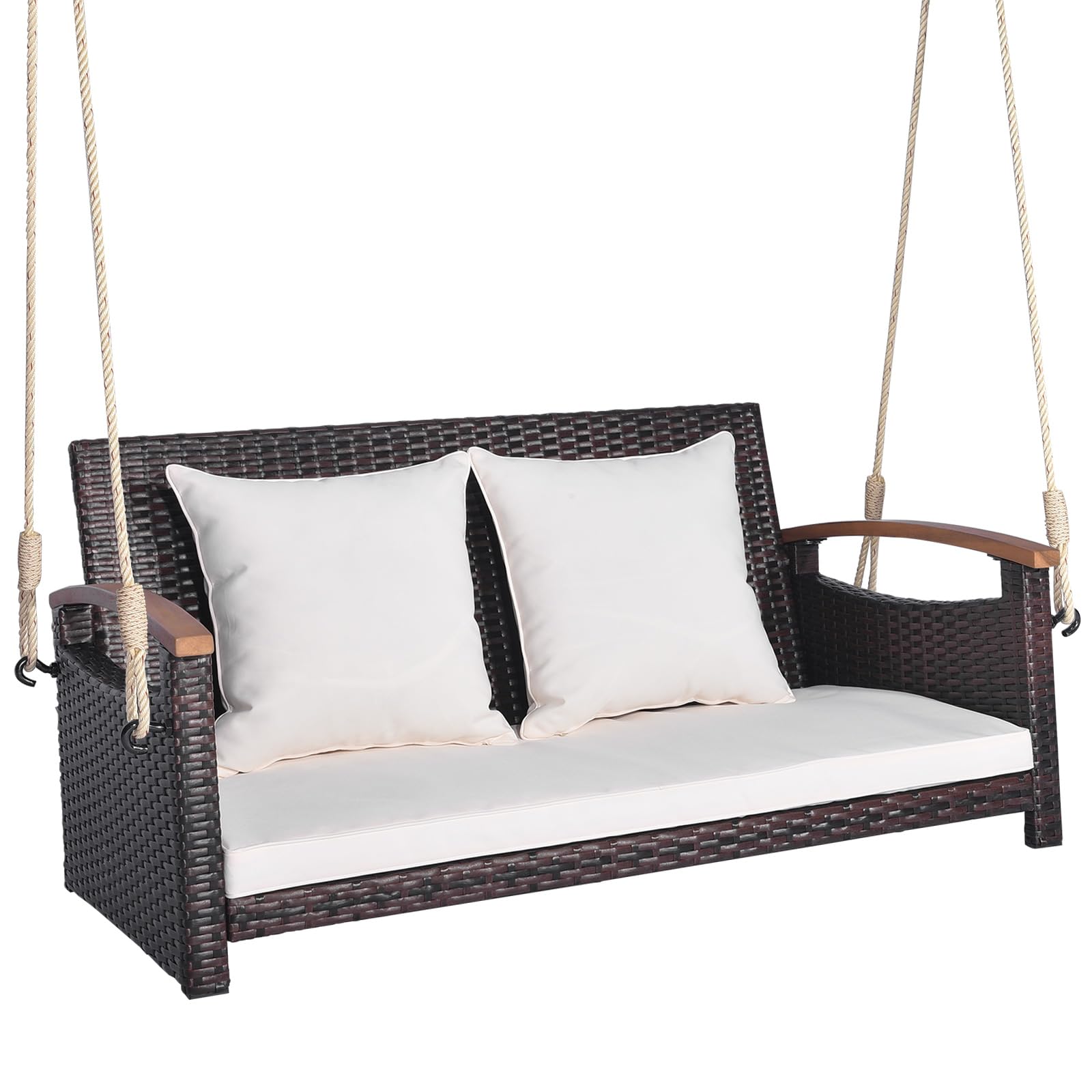 Tangkula Patio Rattan Porch Swing, 2-Person Hanging Chair with Seat & Back Cushions