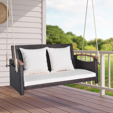 Tangkula Patio Rattan Porch Swing, 2-Person Hanging Chair with Seat & Back Cushions
