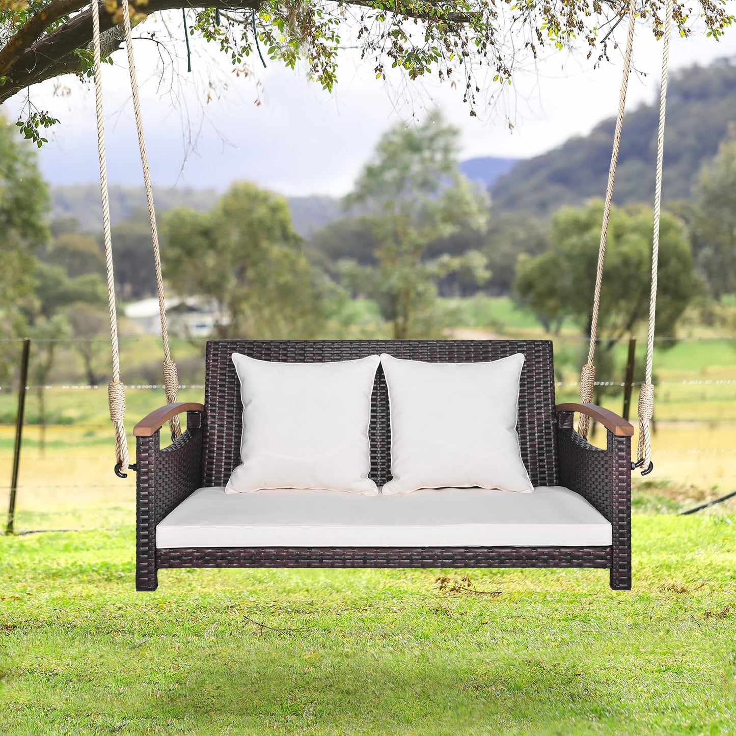 Tangkula Patio Rattan Porch Swing, 2-Person Hanging Chair with Seat & Back Cushions