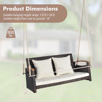 Tangkula Patio Rattan Porch Swing, 2-Person Hanging Chair with Seat & Back Cushions