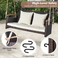 Tangkula Patio Rattan Porch Swing, 2-Person Hanging Chair with Seat & Back Cushions