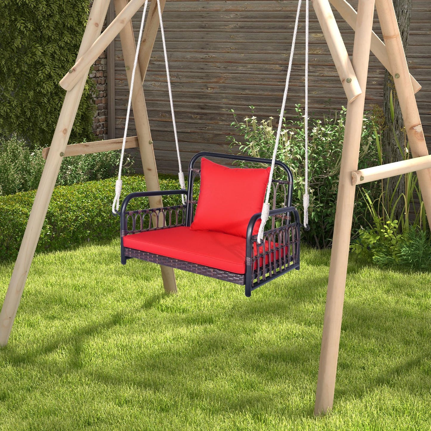 Tangkula Patio Wicker Porch Swing, Single Person Hanging Seat with Seat & Back Cushions