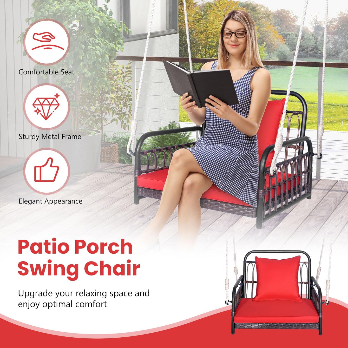 Tangkula Patio Wicker Porch Swing, Single Person Hanging Seat with Seat & Back Cushions
