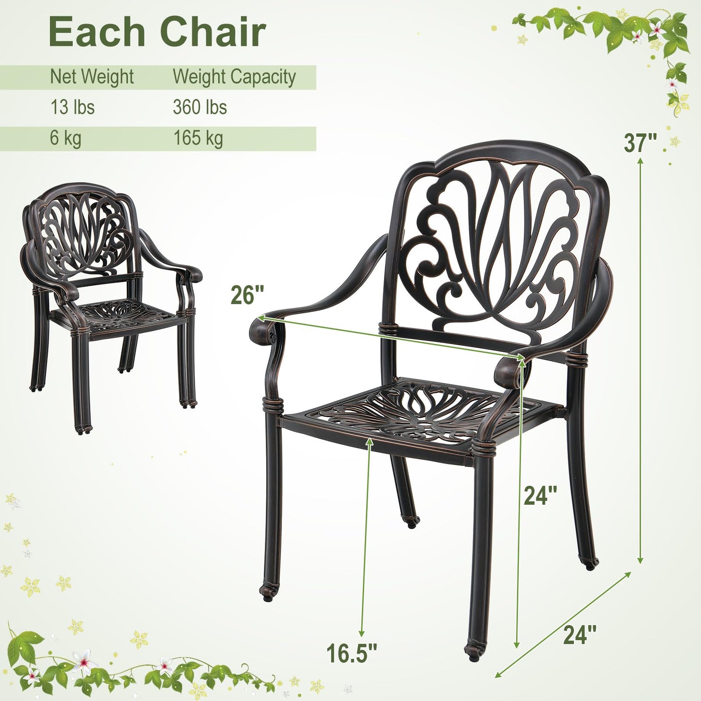 Tangkula Set of 2, Set of 4 Cast Aluminum Patio Dining Chairs, Stackable Outdoor Dining Chairs with Armrests
