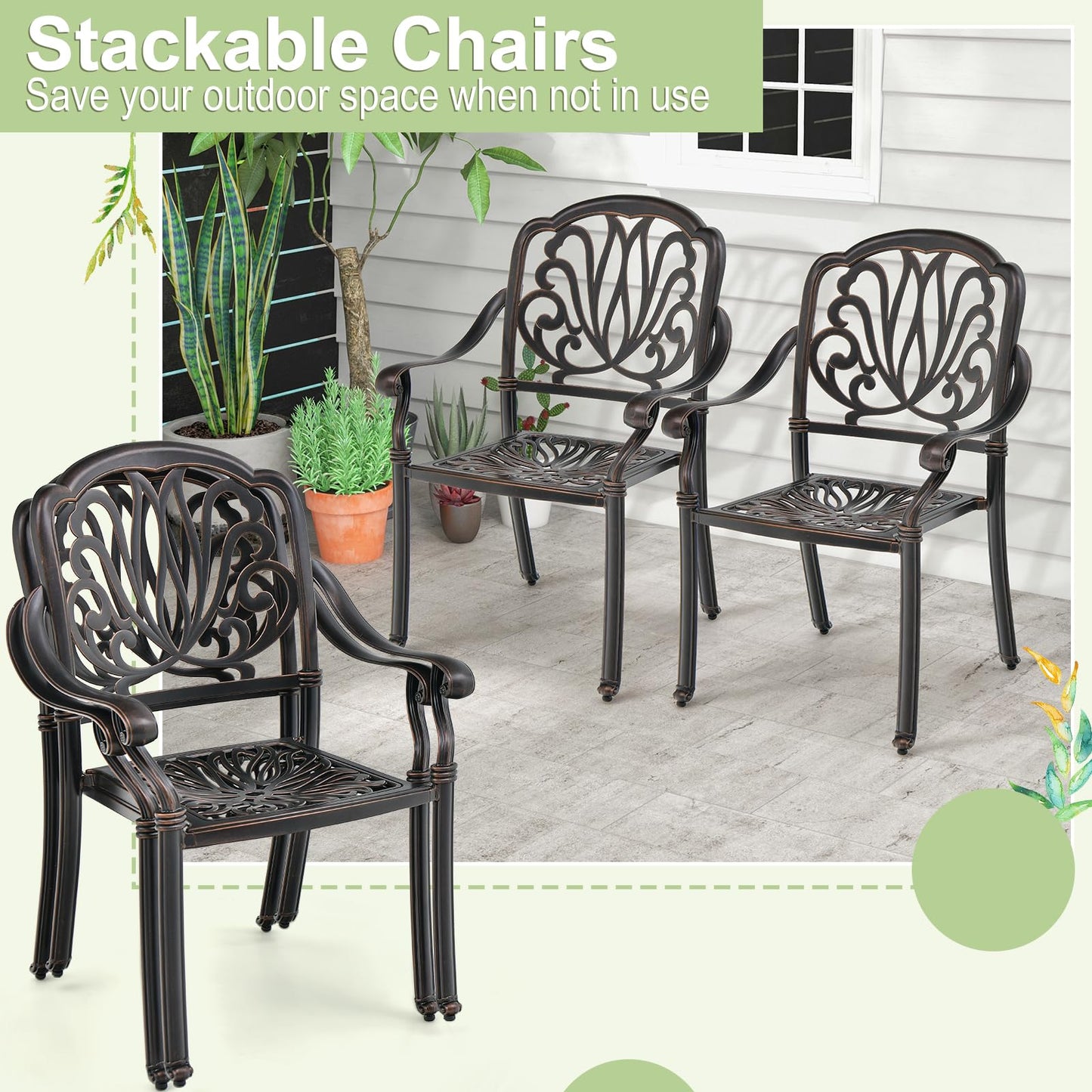 Tangkula Set of 2, Set of 4 Cast Aluminum Patio Dining Chairs, Stackable Outdoor Dining Chairs with Armrests