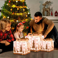 Tangkula Set of 3 Lighted Christmas Box, Pre-lit Present Boxes with 100 Warm White Lights