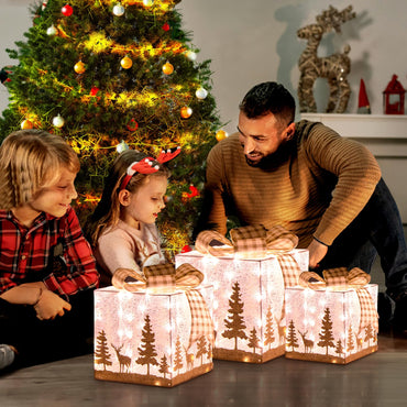 Tangkula Set of 3 Lighted Christmas Box, Pre-lit Present Boxes with 100 Warm White Lights