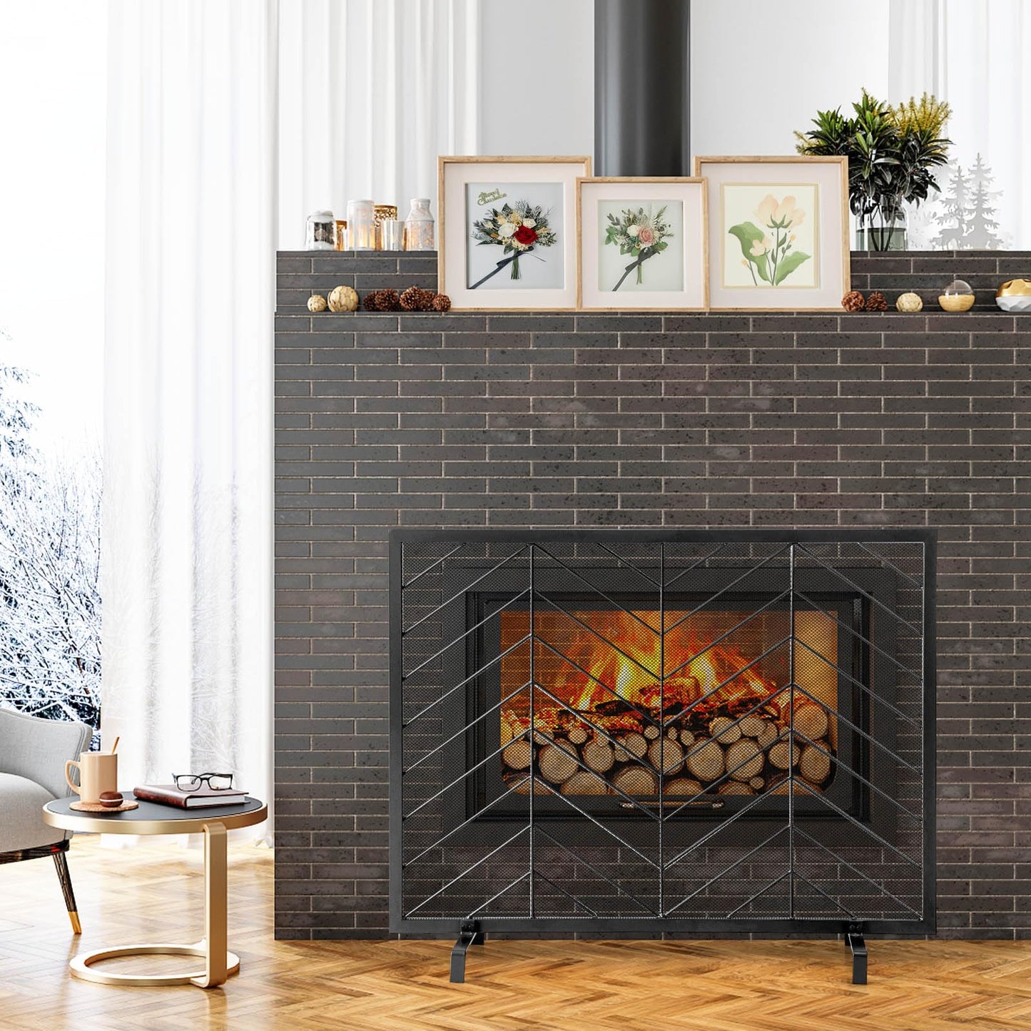 Tangkula Single Panel Fireplace Screen, Wrought Metal Fire Spark Guard