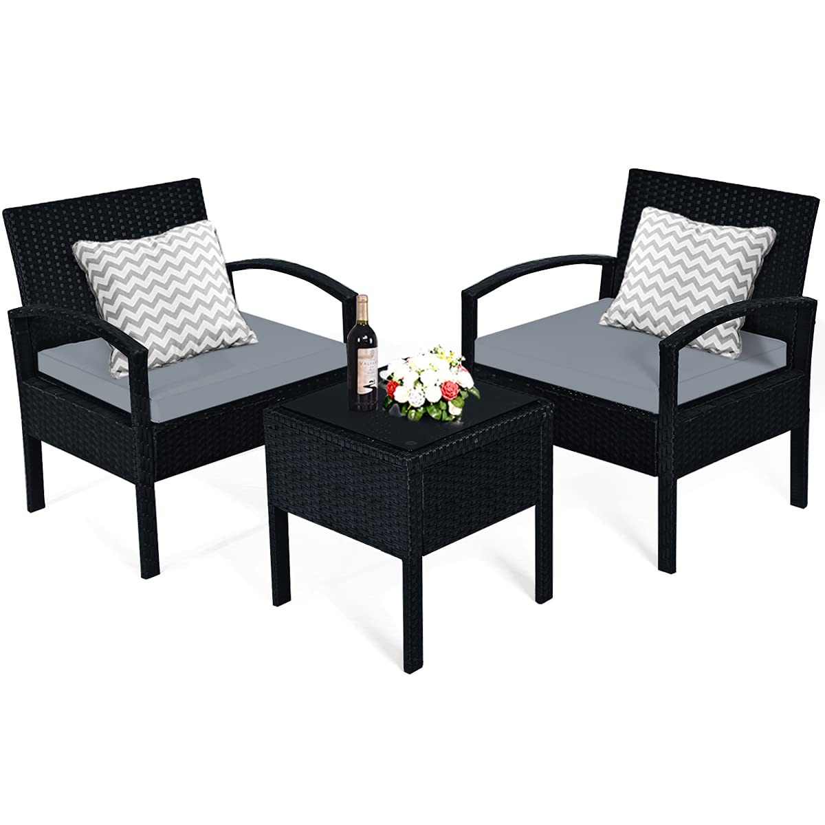 Tangkula 3 Piece Patio Conversation Set, Outdoor Rattan Sofa Set with White Seat Cushions & Coffee Table