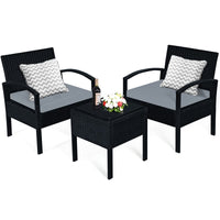 Tangkula 3 Piece Patio Conversation Set, Outdoor Rattan Sofa Set with White Seat Cushions & Coffee Table
