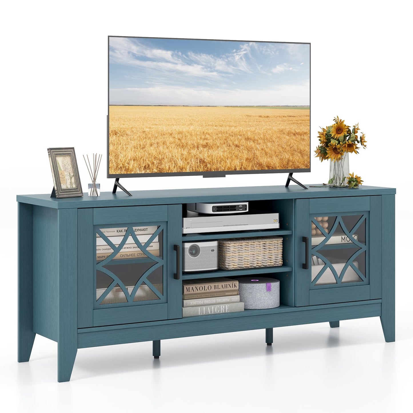 Tangkula Farmhouse TV Stand for TVs Up to 65-in, Classic Media Entertainment Center w/Glass Door Cabinets & 4 Adjustable Shelves