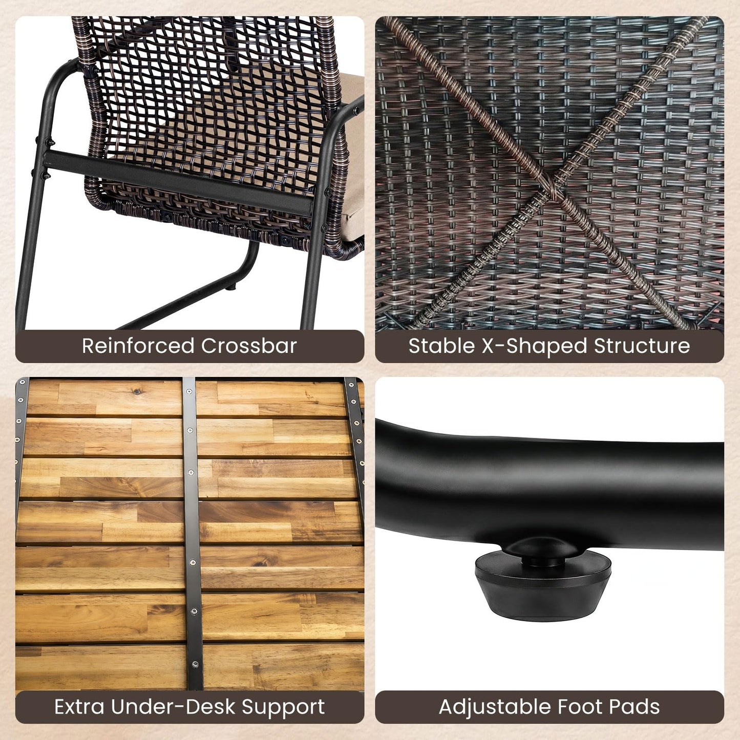 Tangkula 4 Pieces Patio Furniture Set with Acacia Wood Coffee Table & Zippered Cushions