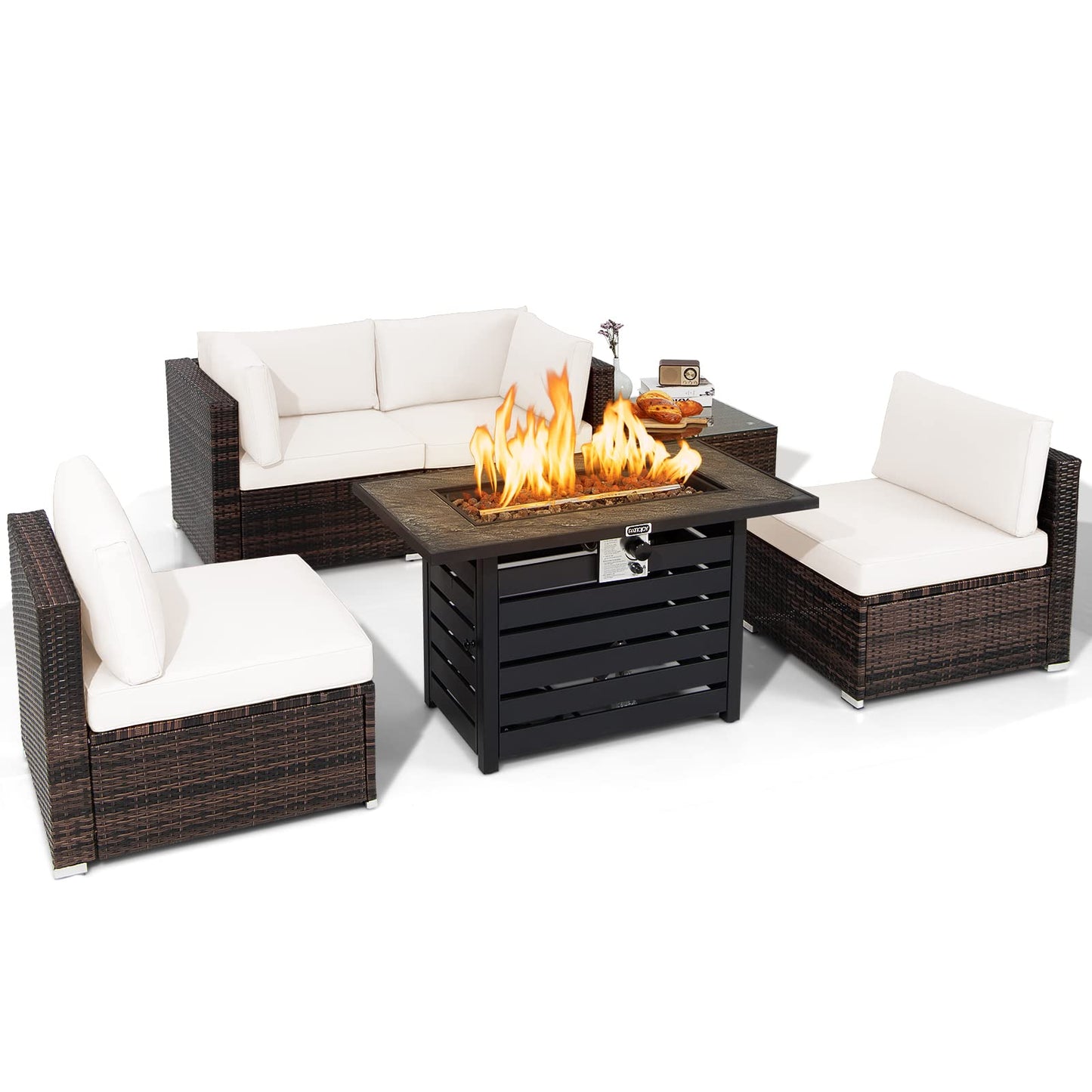 Tangkula 6-Piece Outdoor Wicker Conversation Set with 42 Inches Propane Fire Pit Table