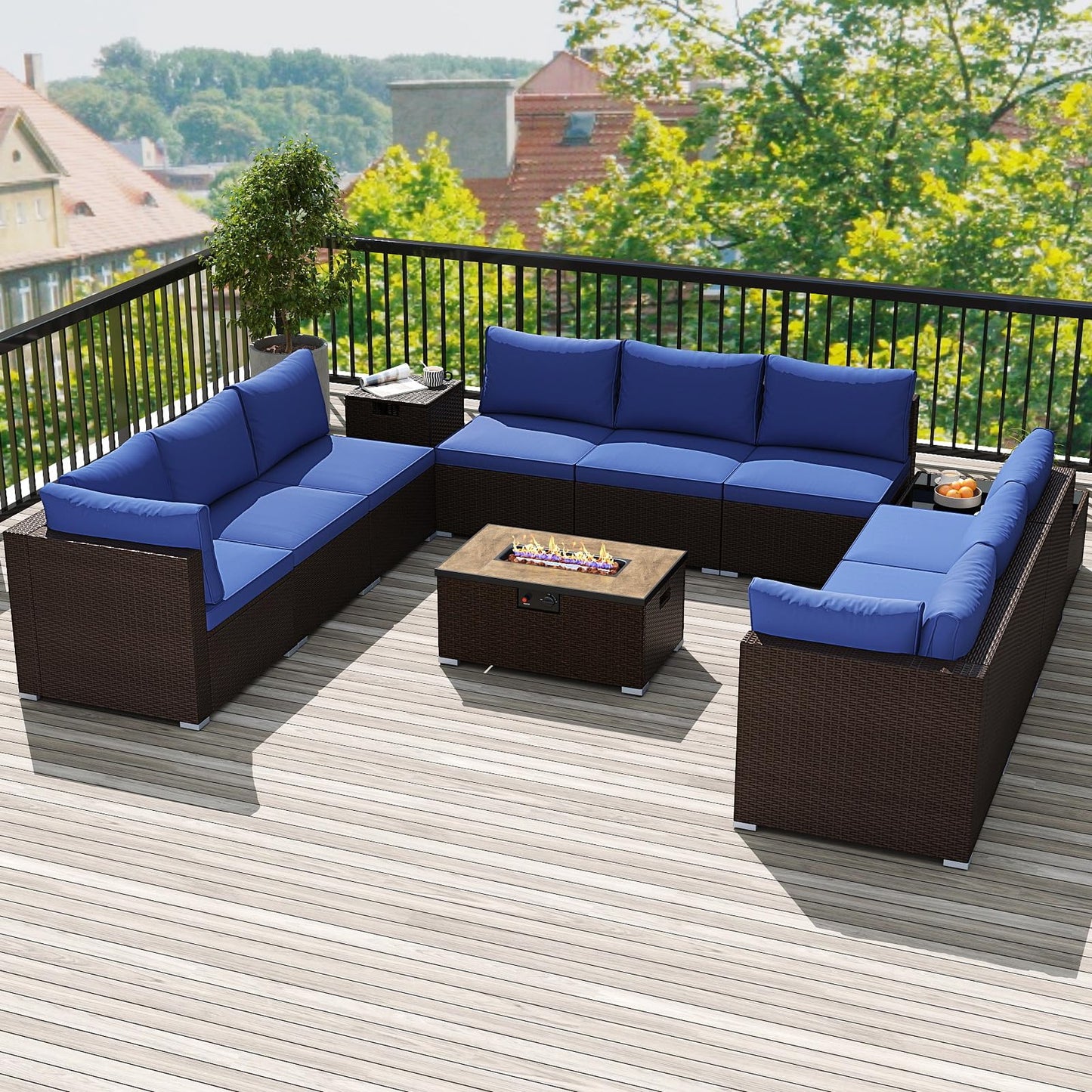Tangkula 12 Pieces Patio Wicker Sectional Sofa Set with 40,000 BTU Propane Fire Pit Table