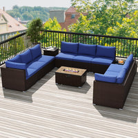 Tangkula 12 Pieces Patio Wicker Sectional Sofa Set with 40,000 BTU Propane Fire Pit Table