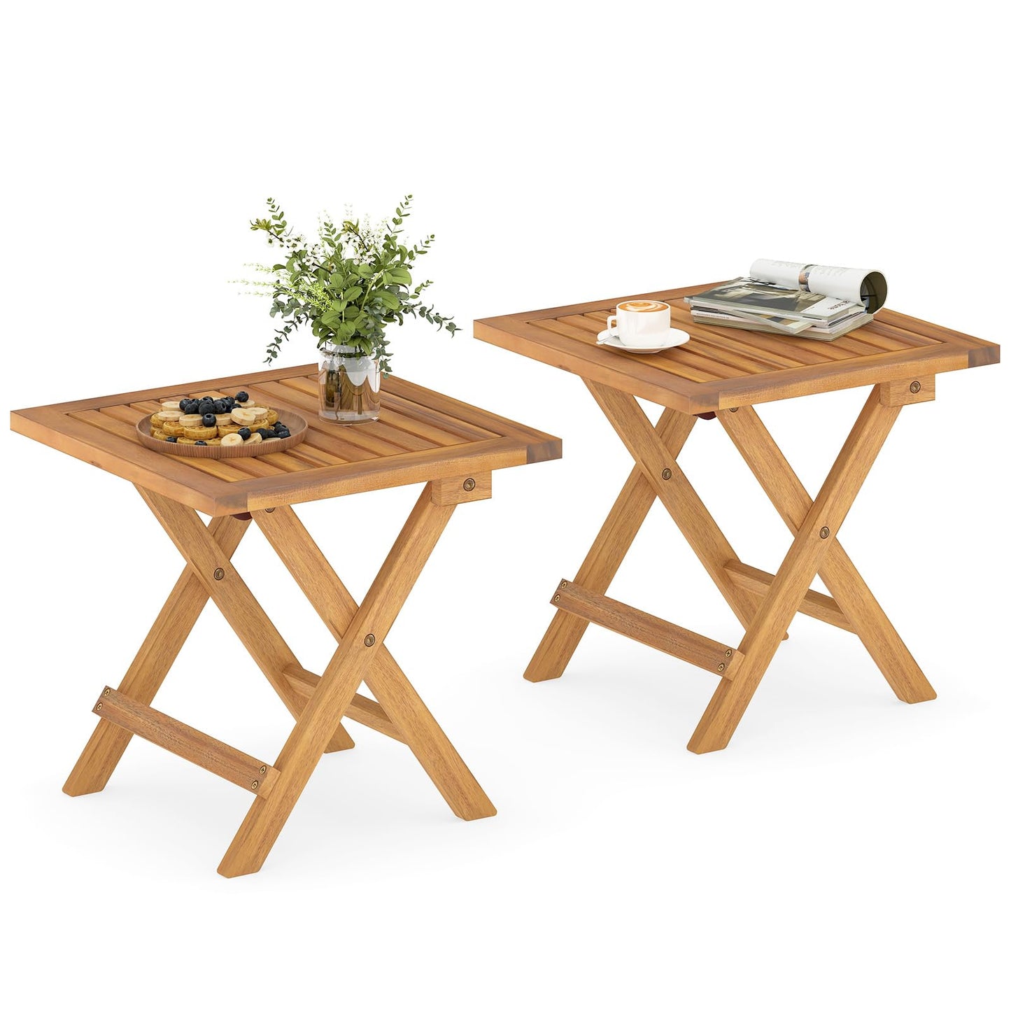Tangkula Table d'appoint pliable d'extérieur en bois d'acacia avec pieds en X et plateau à lattes