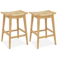 Tangkula Teak Wood Bar Stool, 29” Patio Rattan Barstool with Footrest & Saddle Seat