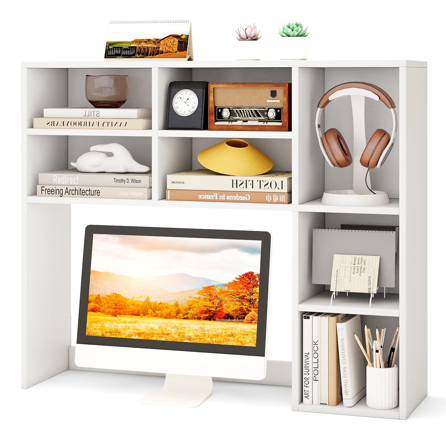 Tangkula Desktop Bookshelf 37" Countertop Storage Hutch with 7 Cubes & 3 Adjustable Shelves