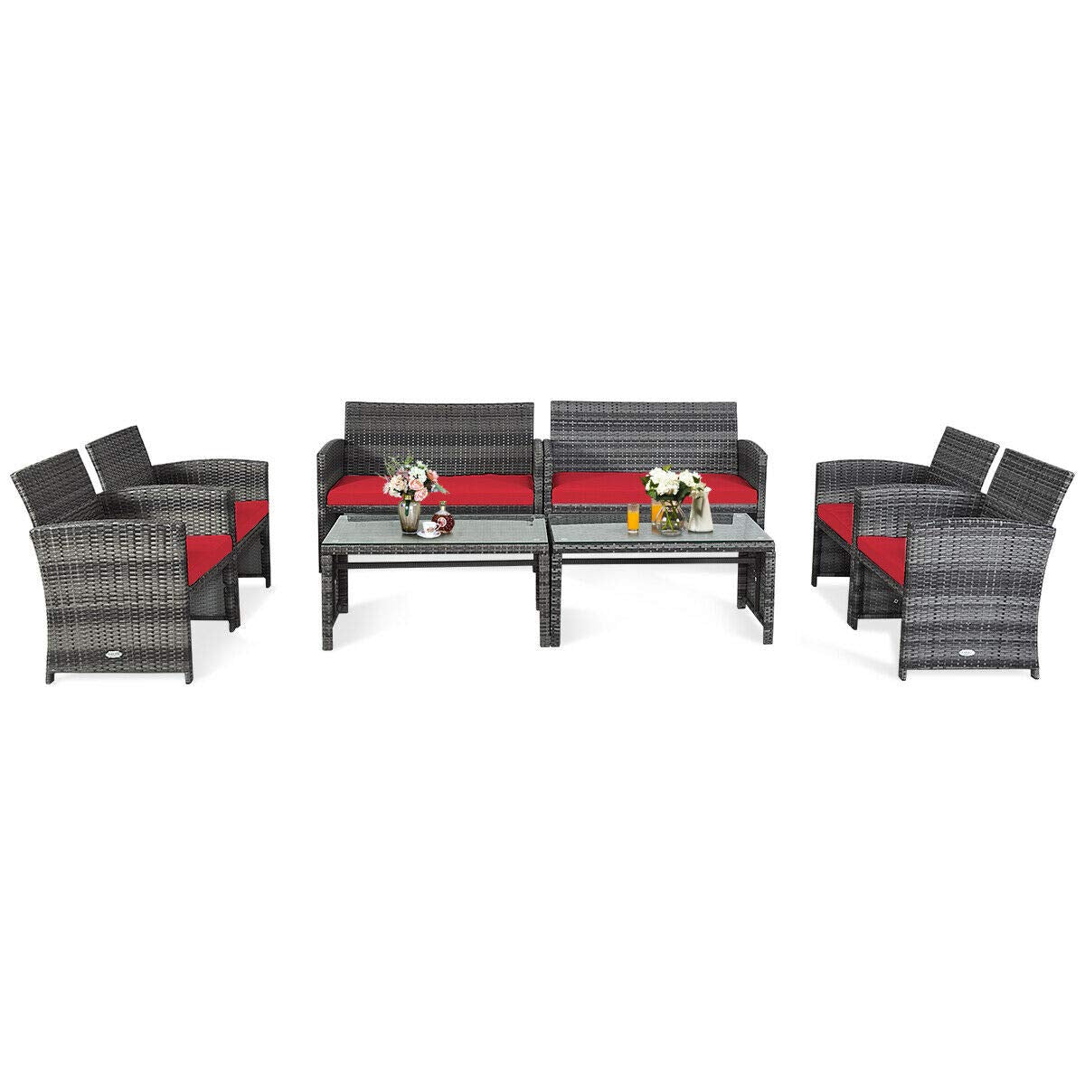 Tangkula 4/8 PCS Wicker Patio Conversation Set, Outdoor Rattan Sofas with Table Set